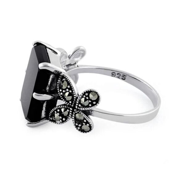 Sterling Silver Black Onyx Square Butterfly Marcasite Ring New - Picture 4 of 4